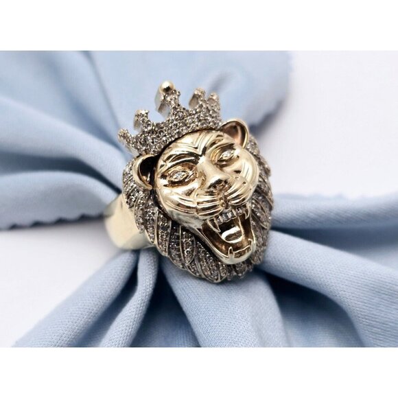 Unique 10K Solid Yellow Gold Designer Crown Lion Head Diamond Ring - Size 11.50 - Picture 2 of 15